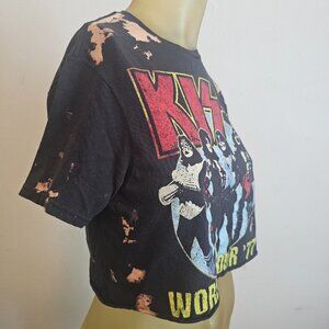 Vintage Kiss World Tour '77 Bleached Crop Top Memorabilia Small Tee Shirt Black